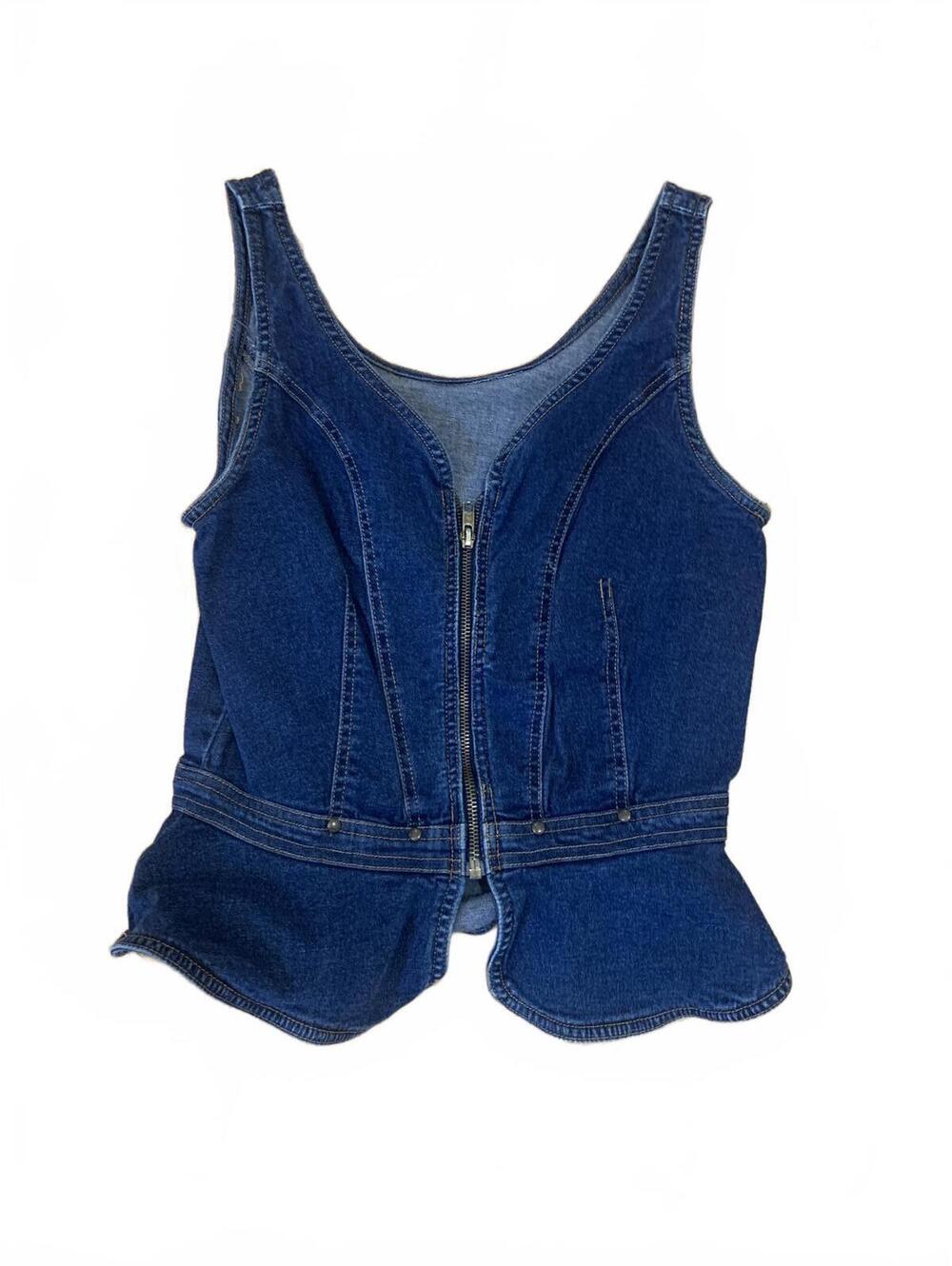 Dark Blue Denim Peplum Vest with Front Zipper